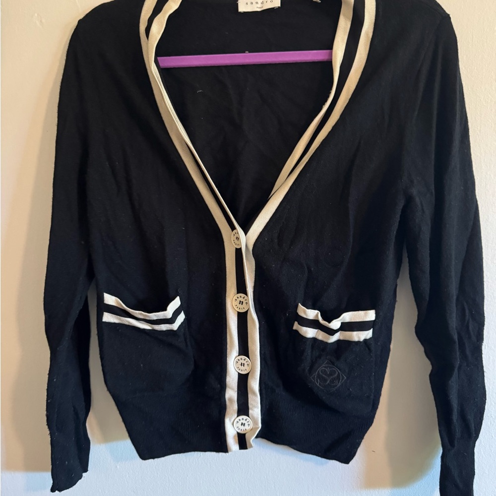 Sandro Black Cardigan with White Trim